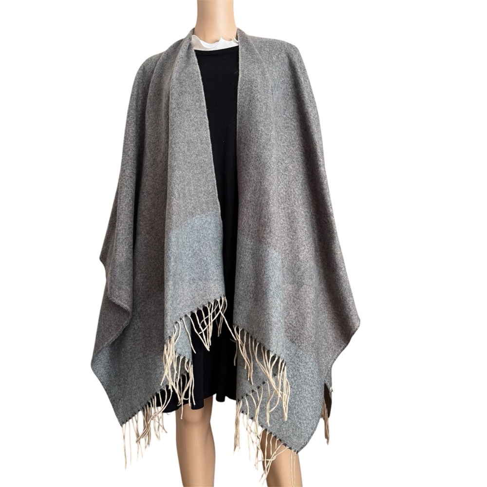 Macy's Gray Cream Blanket Scarf Cape with Fringe